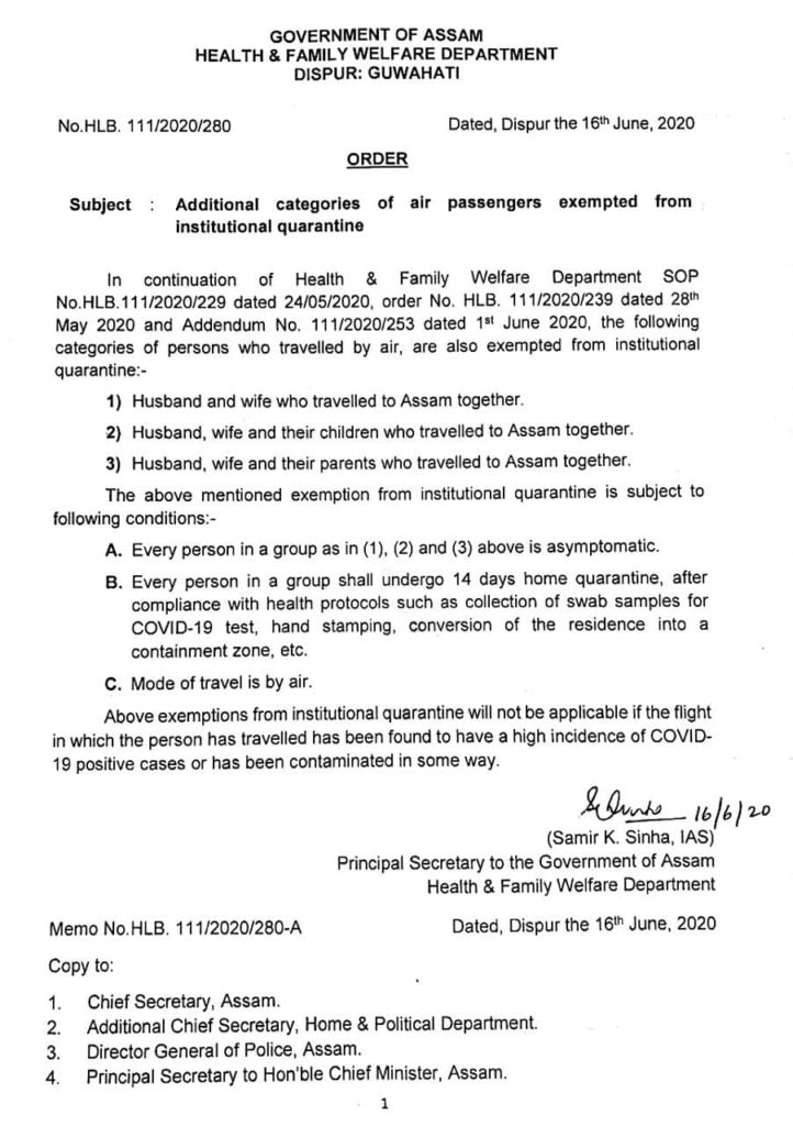 Exemptions from Institutional Quarantine